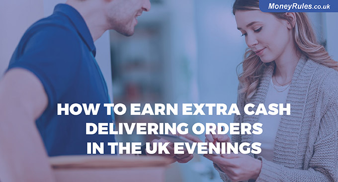 Delivery rider in the UK with a food bag during evening hours